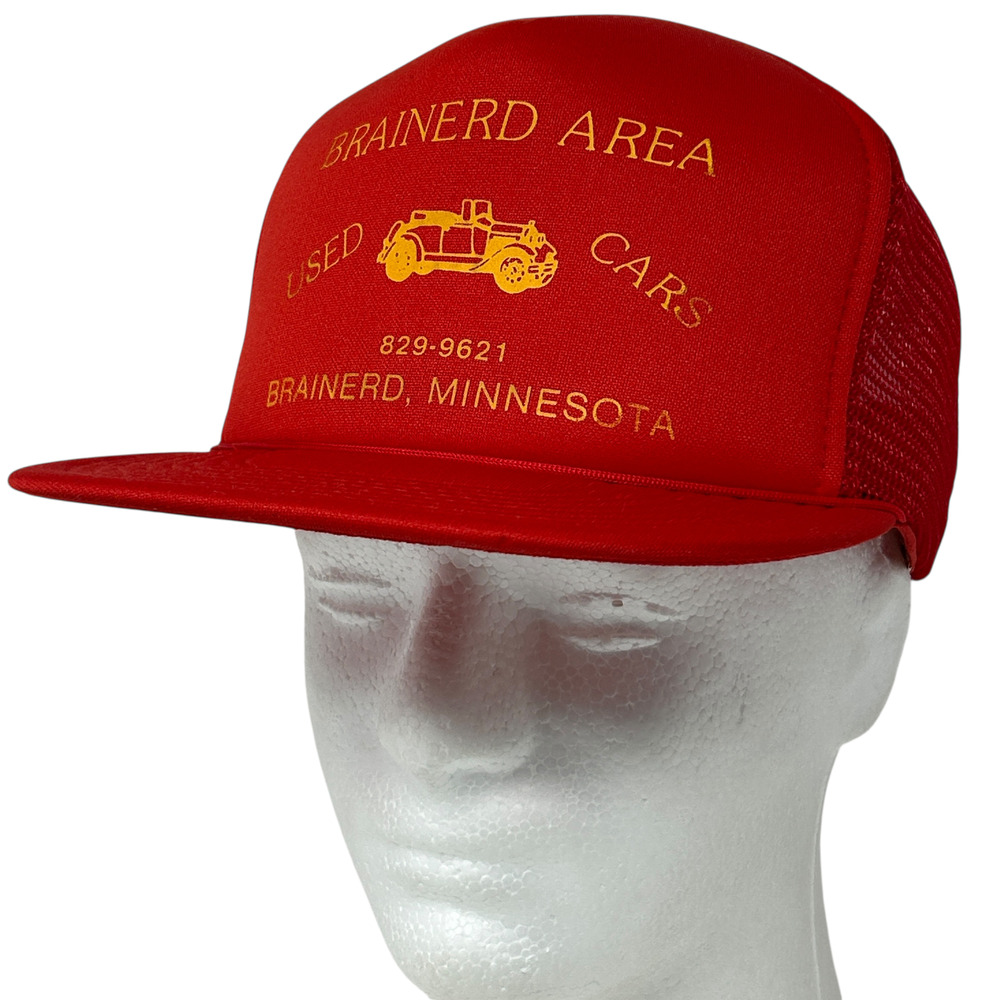 Vintage Brainerd Area Used Cars Trucker Hat Cap Red 80s Minnesota Mesh Snapback